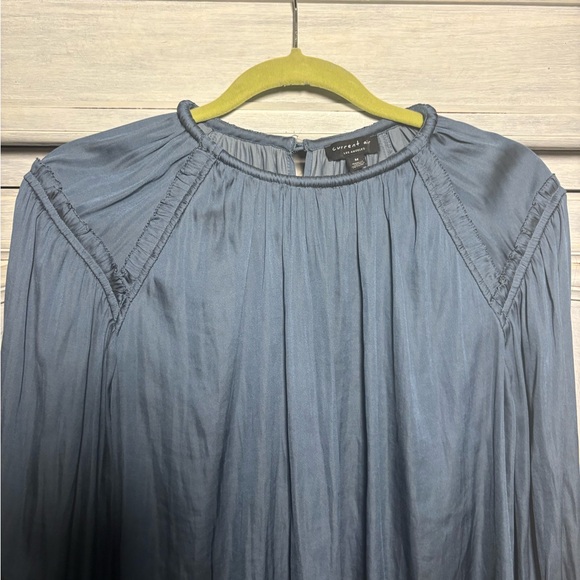 Current Air Slate Blue Ruffle Detail Pleated Satin Blouse Office Stylish Classic - Picture 8 of 11